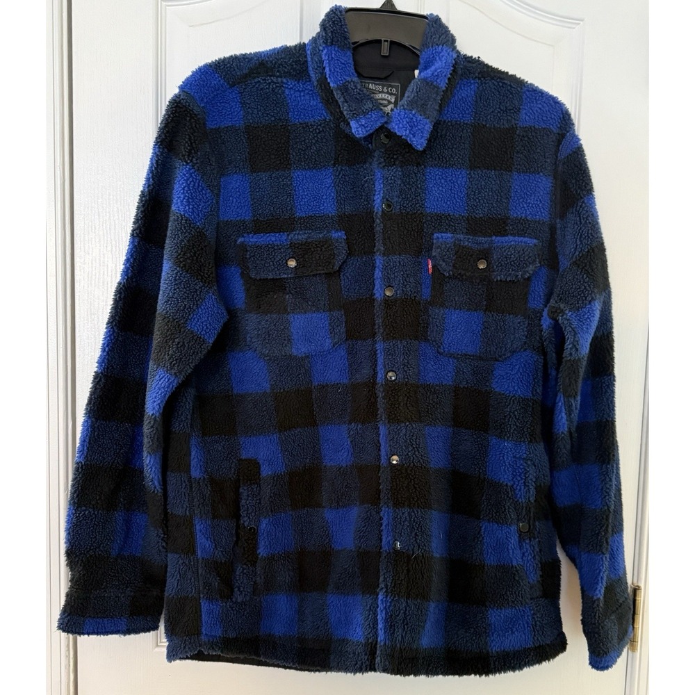 Levi's Sherpa Fleece‎ snap Shirt Jacket Blue Plaid Men's XL Pockets Outdoor